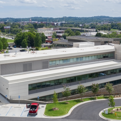 aerial view of Piedmont Columbus Regional - John B Amos Cancer Center hospital front driveway