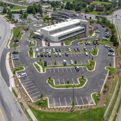 aerial photo of parking lot at Piedmont Columbus Regional - John B Amos Cancer Center hospital