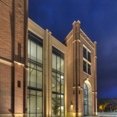 Alabama College of Osteopathic Medicine exterior at night
