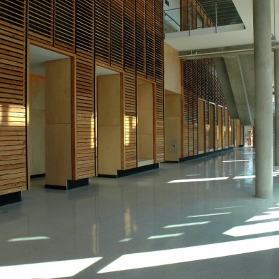 University lobby with wood panel walls