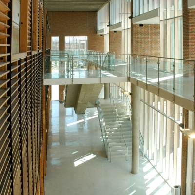 university lobby with stairs and mezzanine